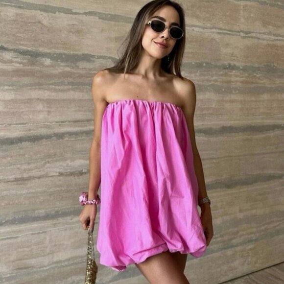 Zara Pink Bubble Hem Strapless Mini Dress Cotton Balloon Tube Top Style S - Picture 5 of 8